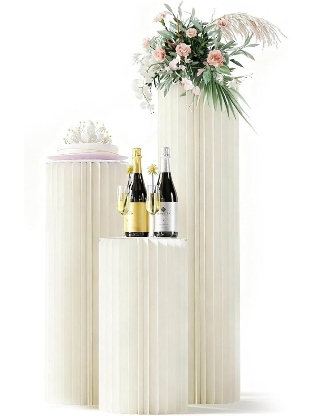 3 Pack Foldable White Cylinder Stands for Weddings, Parties & Floral Displays